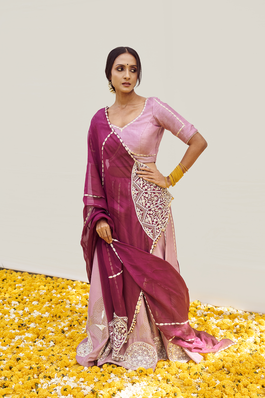 Lilac Lehenga set with Golden - Silver zardosi, sequins and cut dana