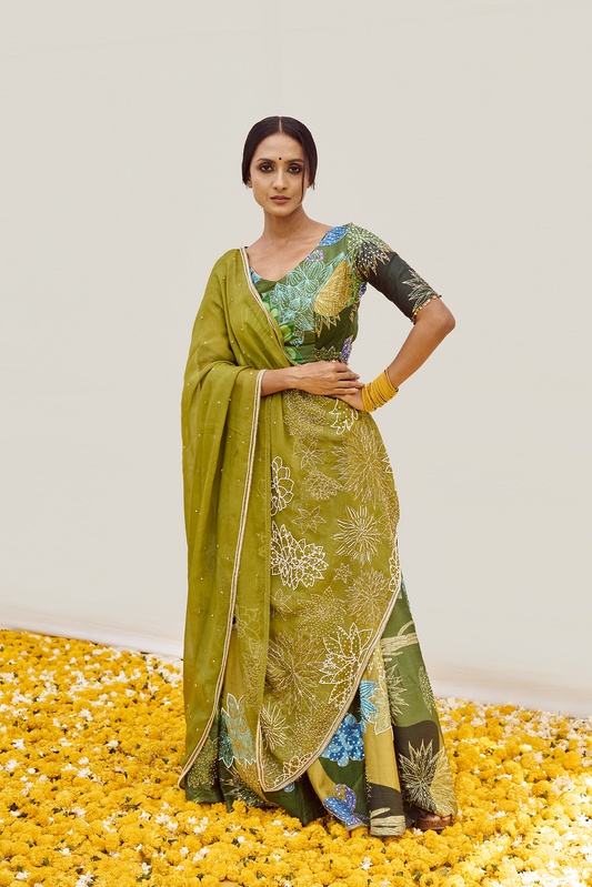 Floral Digital printed Lehenga set with intricate handwork