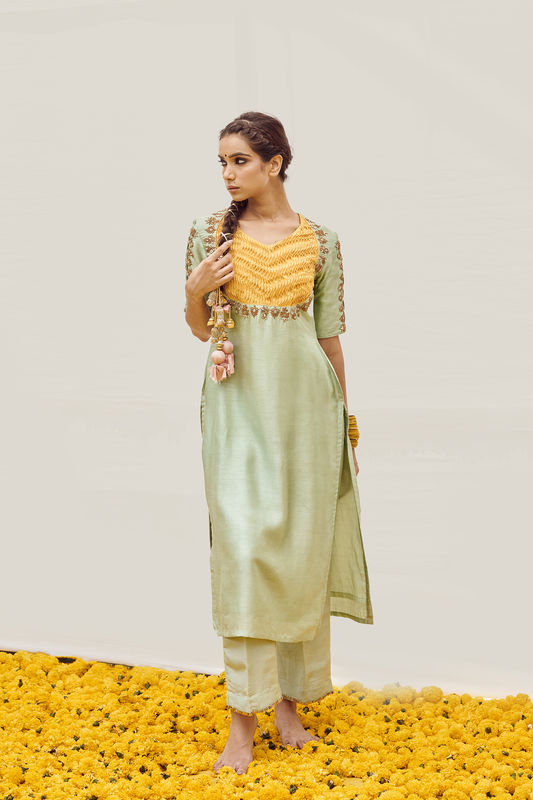 Mint Yellow kurta set with Hand embellished on Sleeves and bodice