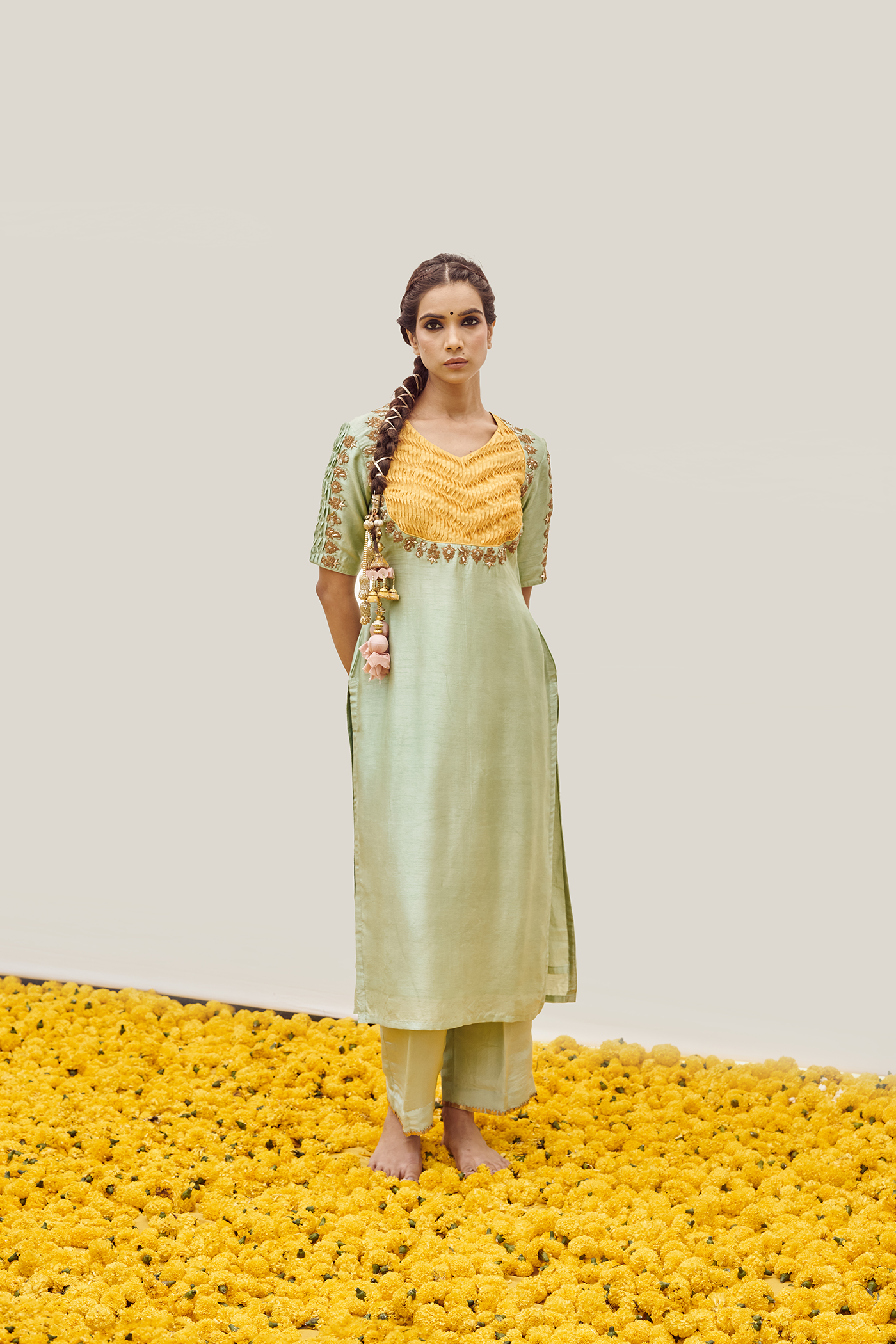 Mint Yellow kurta set with Hand embellished on Sleeves and bodice