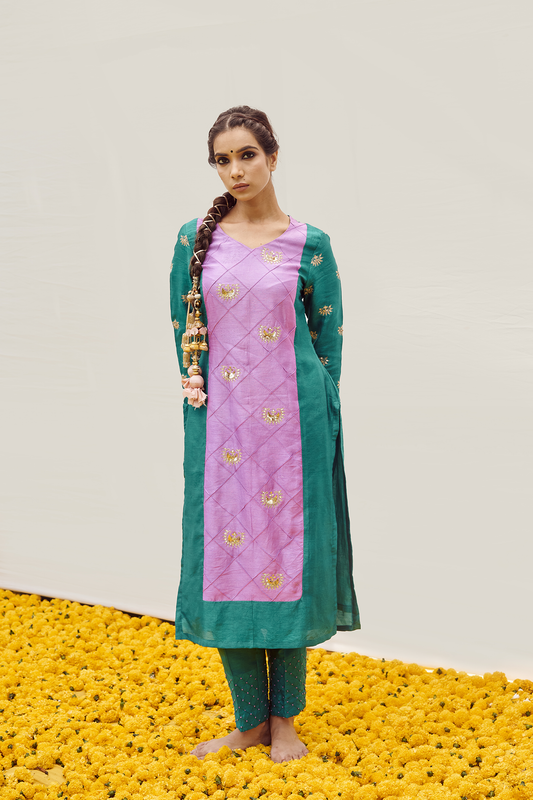 Pink- Aquamarine Dual colour kurta set with Handwork
