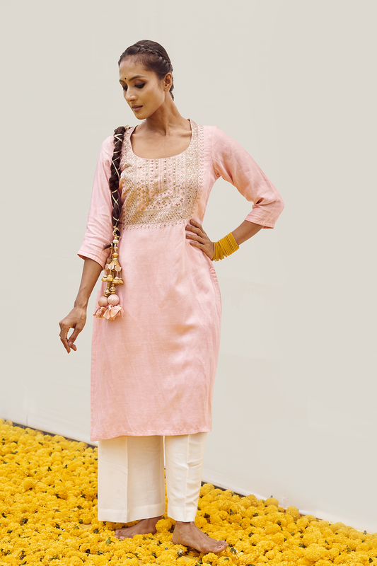 Pink kurta set with Hand embellished on bodice