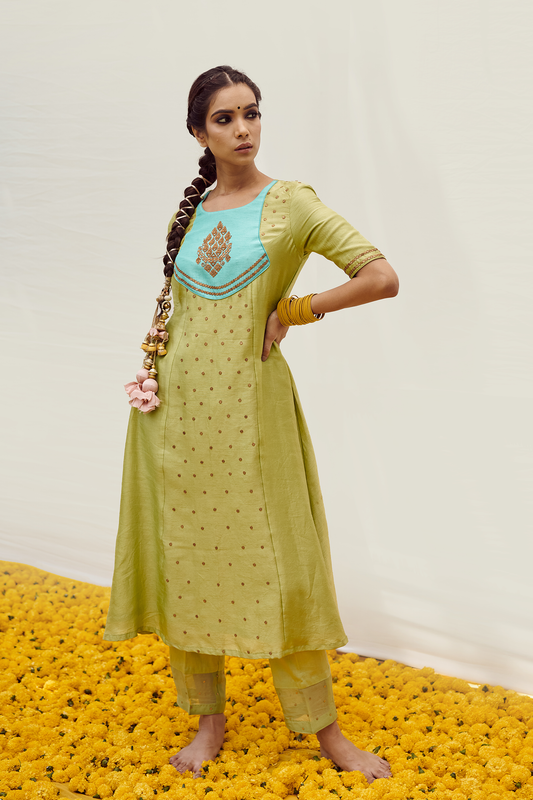Turquoise patched Lemon Green kurta set with handwork