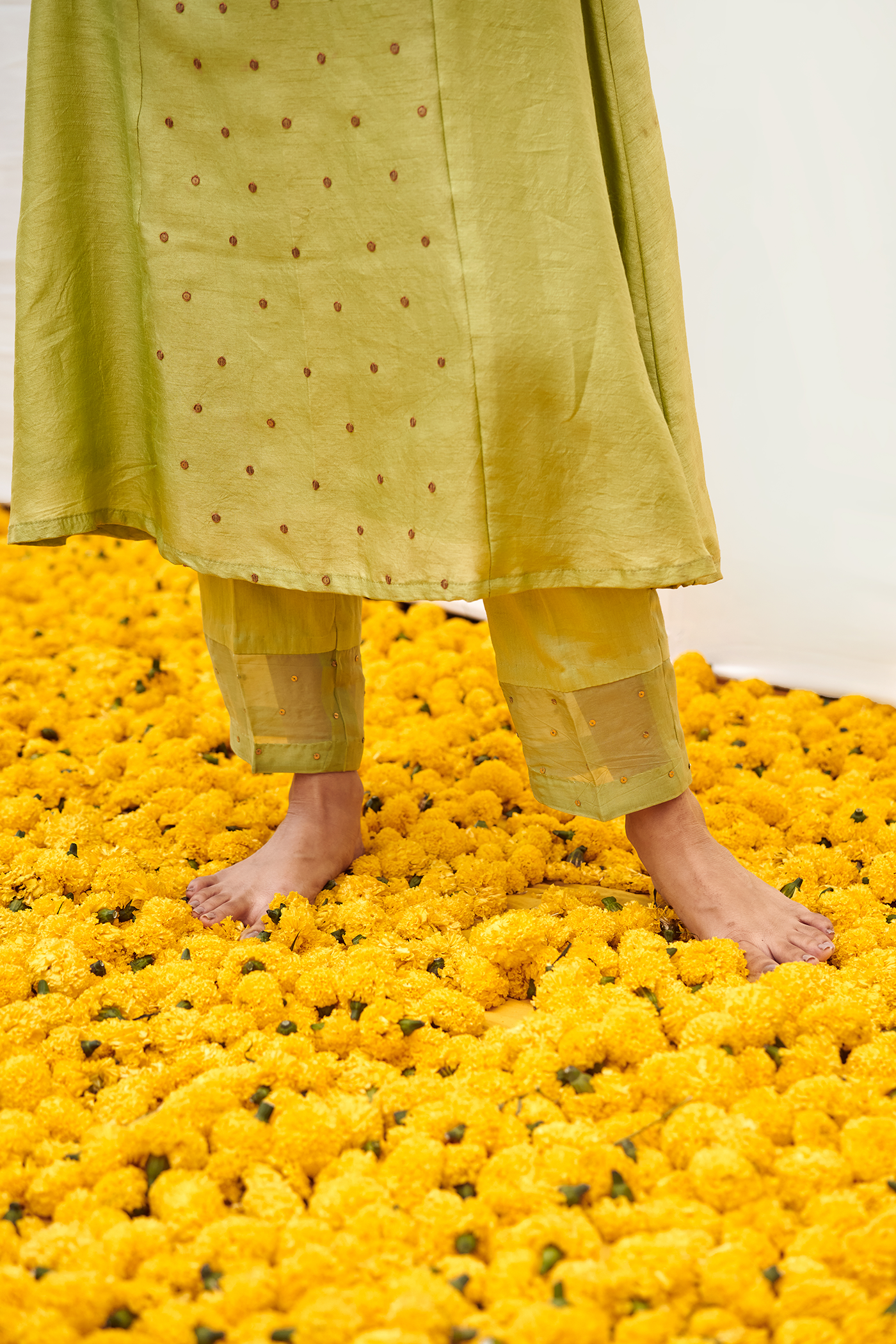 Turquoise patched Lemon Green kurta set with handwork