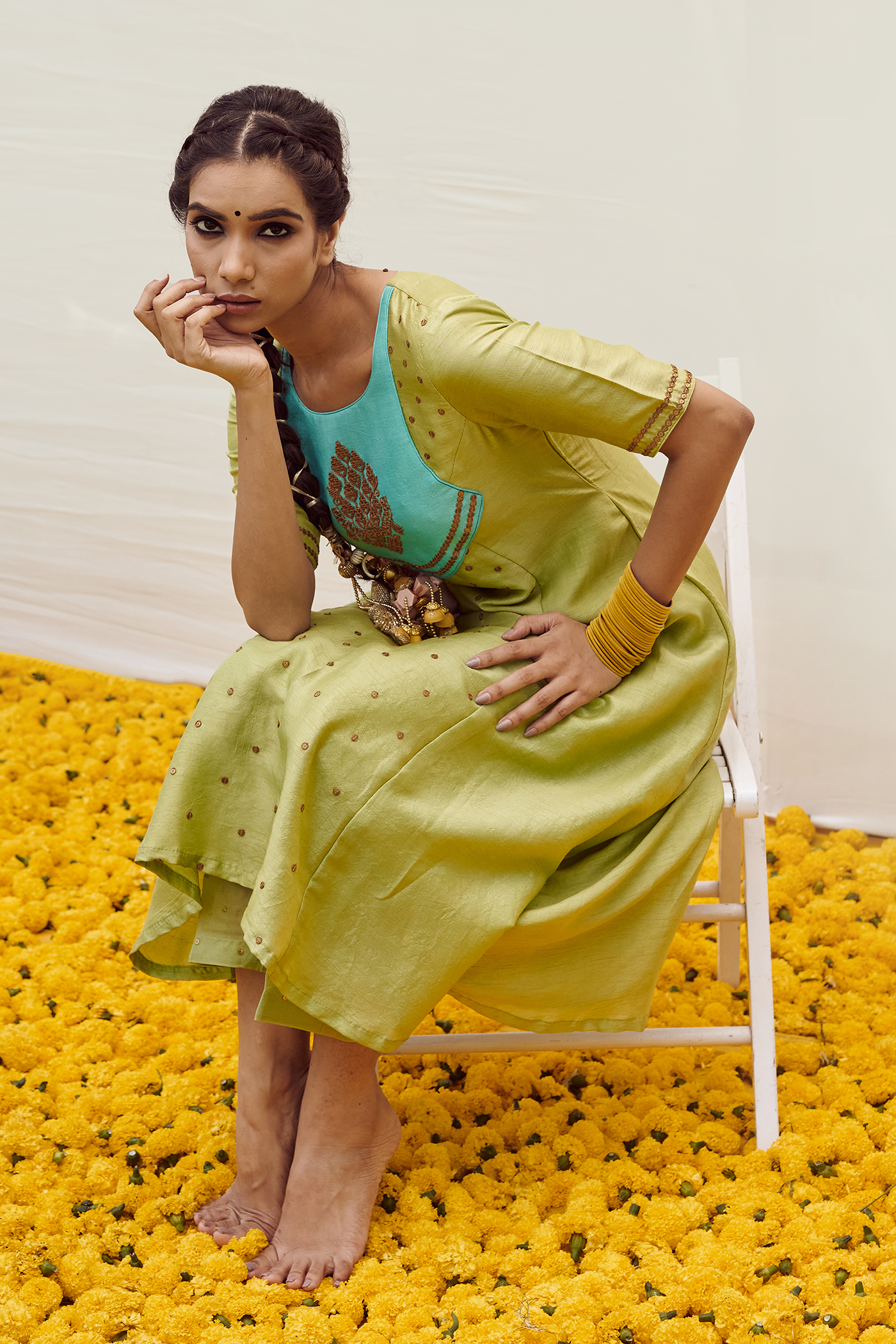 Turquoise patched Lemon Green kurta set with handwork
