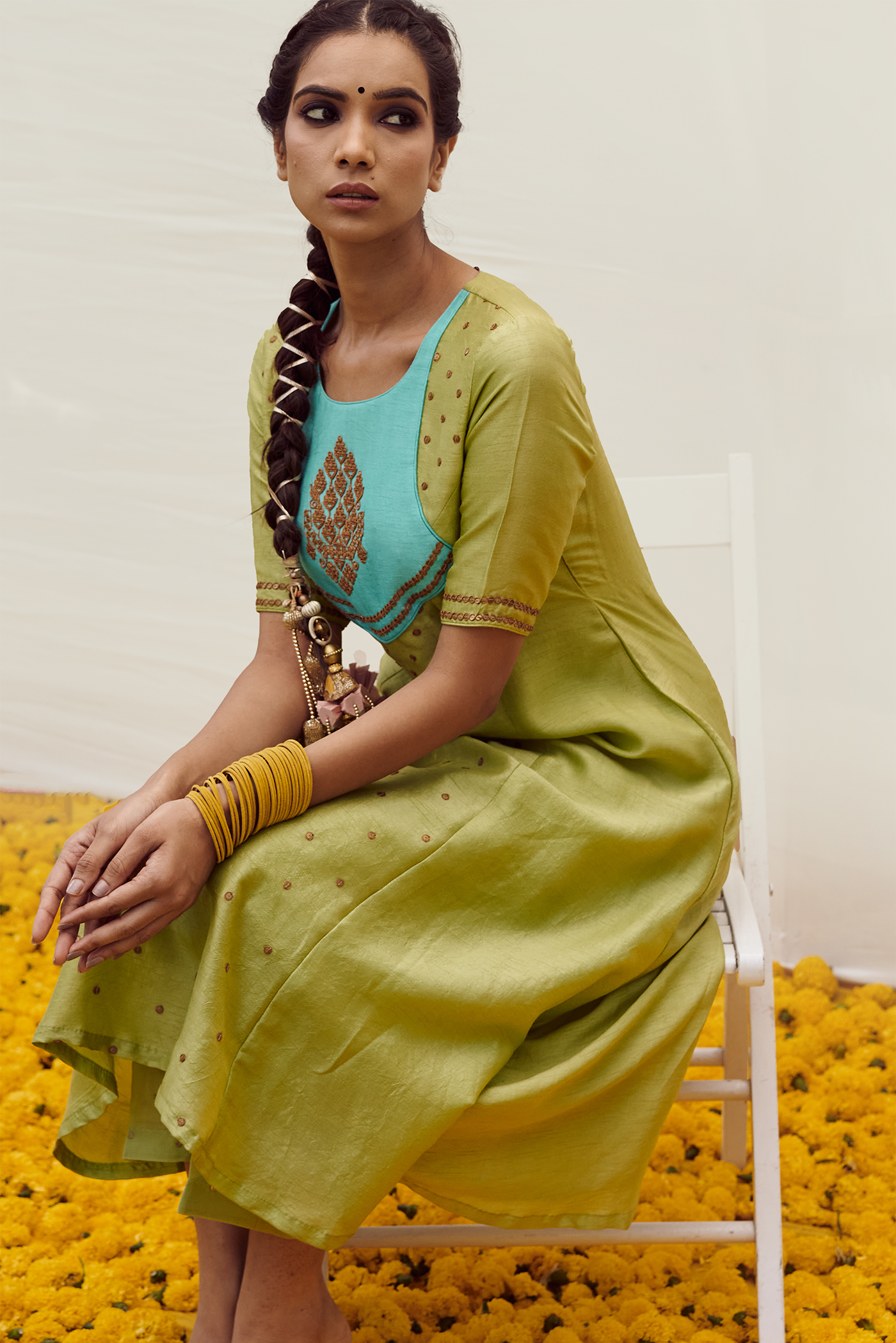 Turquoise patched Lemon Green kurta set with handwork