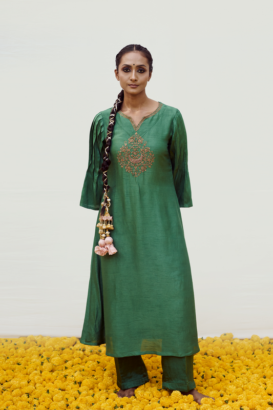 Forest Green kurta set with hand embellished motifs