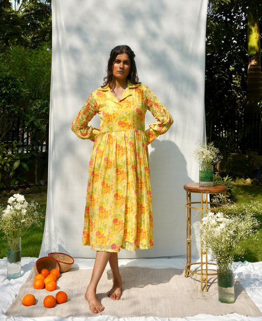 Yellow Printed Mul Dress