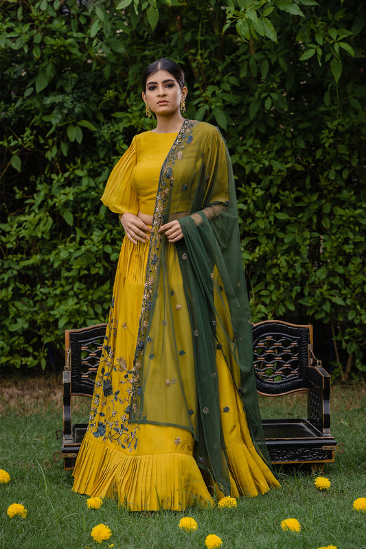Mustard Pleated Lehenga with Green Dupatta