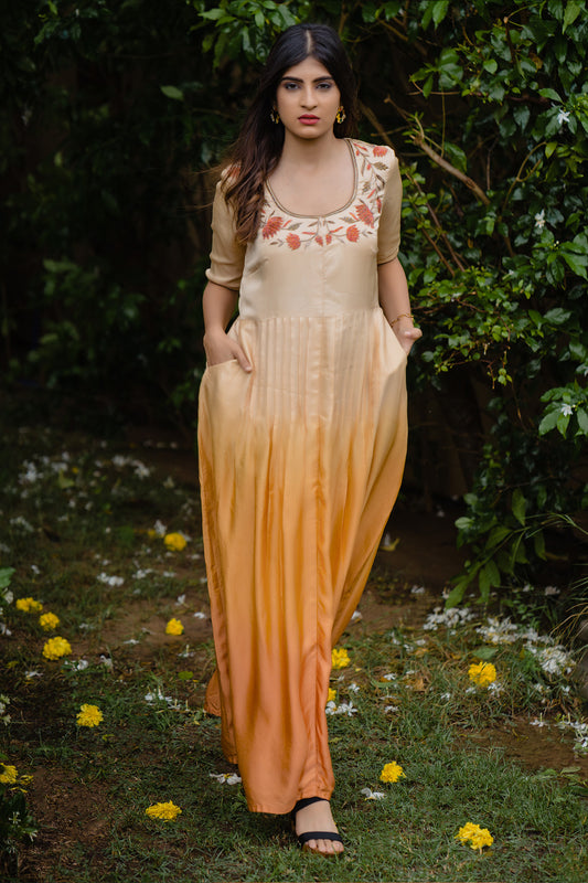Orange Ombre Pleated Anarkali