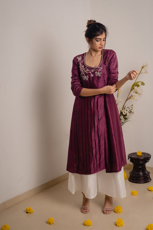 Wine Pleated Top with Hand work