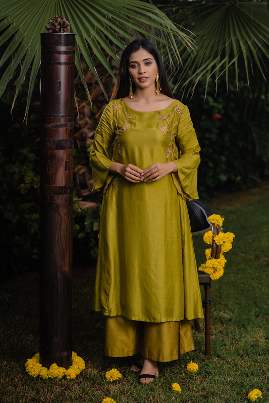 Olive Green Pleated Embroidered Top