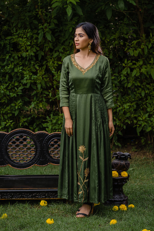 Green Pleated Long Dress